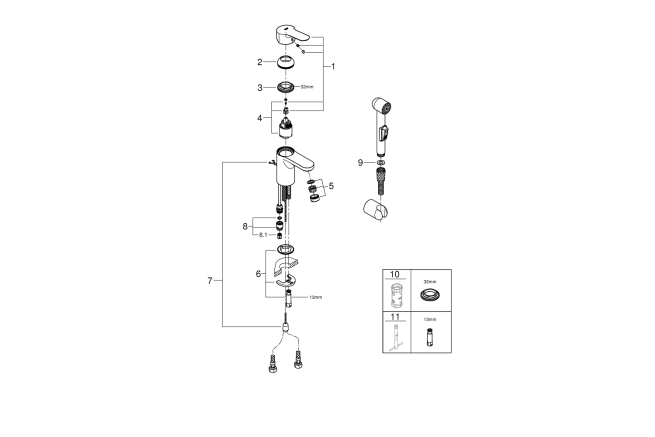 Смеситель для раковины GROHE BauEdge с цепочкой и гигиеническим душем, S-Size, хром (23757000)