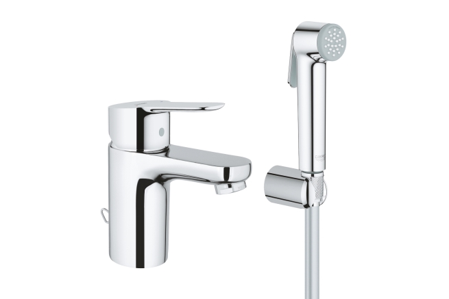 Смеситель для раковины GROHE BauEdge с цепочкой и гигиеническим душем, S-Size, хром (23757000)