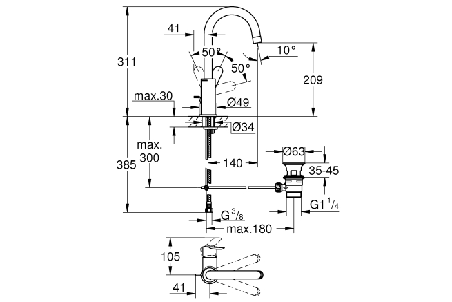 Смеситель для раковины GROHE BauEdge, с донным клапаном, L-Size, хром (23760000)