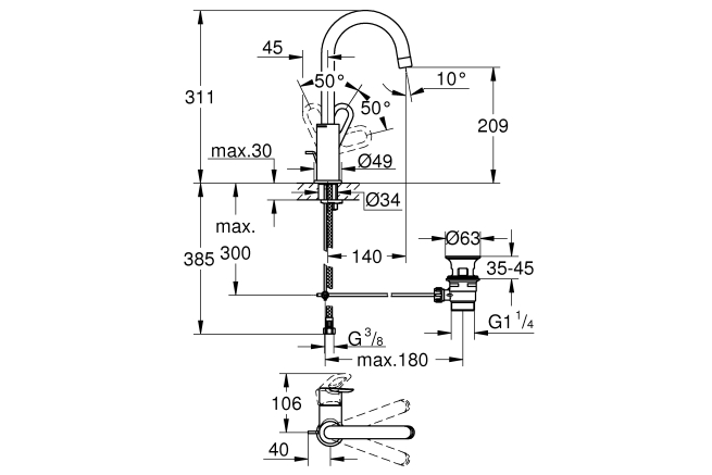 Смеситель для раковины GROHE BauLoop с донным клапаном, L-Size, хром (23763000)