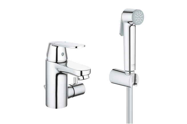 Смеситель для раковины GROHE Eurosmart Cosmopolitan с цепочкой и гигиеническим душем, S-Size, хром (23950000)