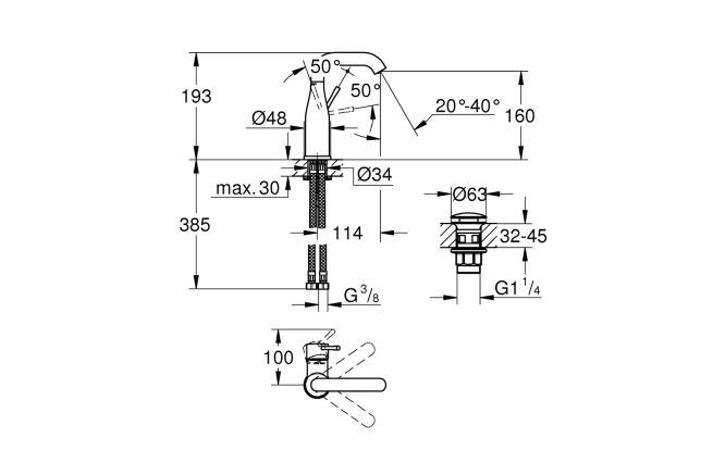 Смеситель для раковины GROHE Essence с донным клапаном, M-Size, хром (24181001)