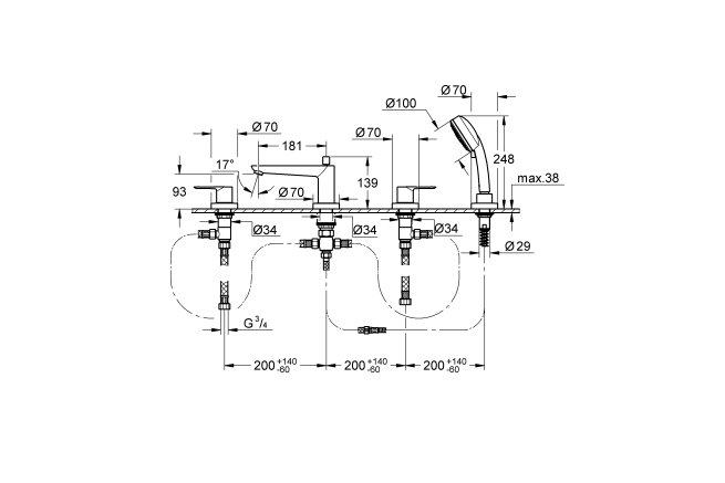 Смеситель для ванны GROHE BauLoop на 4 отверстия, на край ванны, хром (2511900A)