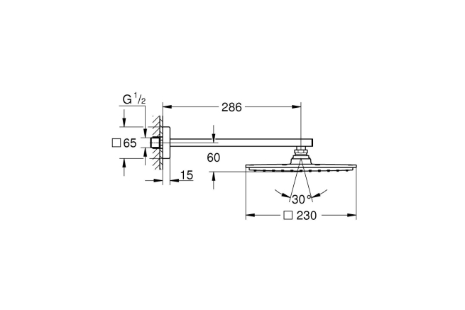 Верхний душ с душевым кронштейном 286 мм, 1 режим струи, GROHE Rainshower Allure 230, хром, (26054000)