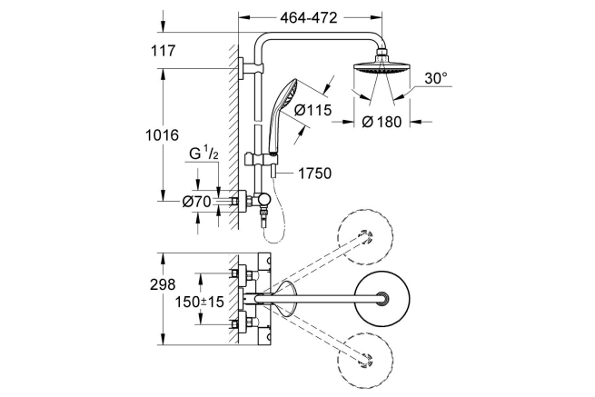 Душевая система с термостатом для настенного монтажа, GROHE Euphoria System 180, хром, (27296001)