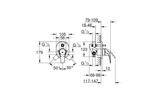 Смеситель для ванны GROHE BauCurve скрытого монтажа, в комплекте с монтажной частью, хром (29043000)