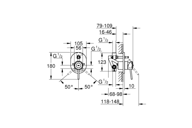 Смеситель для ванны GROHE BauClassic скрытого монтажа, в комплекте с монтажной частью, хром (29047000)