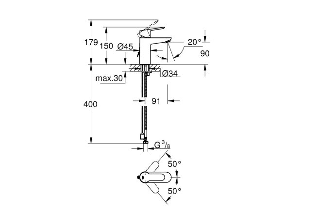 Смеситель для раковины GROHE BauEdge с цепочкой, S-Size, хром (23329000)