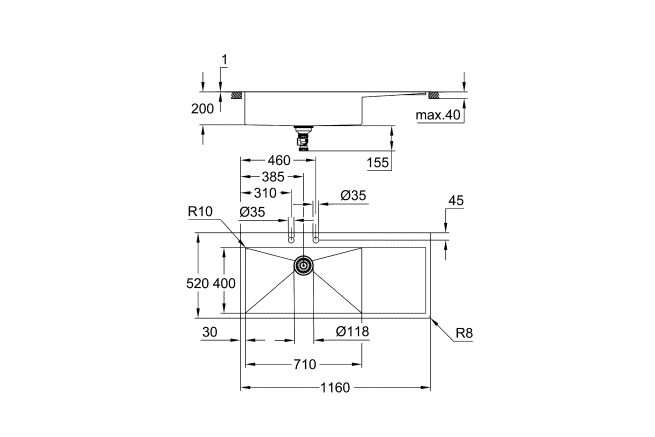 Мойка GROHE K1000 80-S 116/52 1.0 с корзинчатым вентилем, нержавеющая сталь (31581SD1)