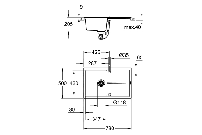 Мойка GROHE K400, 780 x 500 мм, черный гранит (31639AP0)