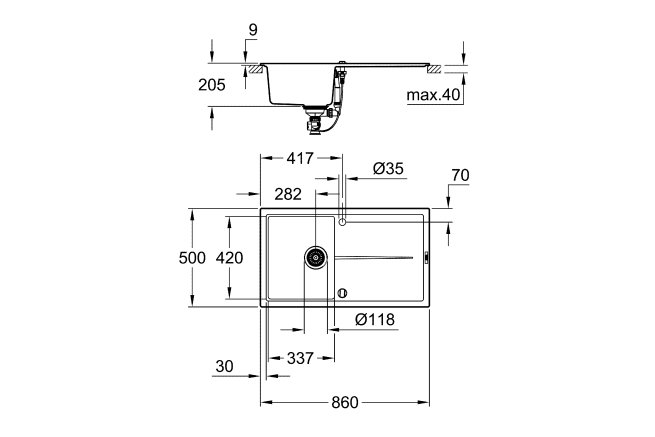 Мойка GROHE K400, 860 x 500 мм, черный гранит (31640AP0)