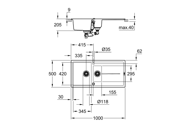 Мойка GROHE K400 с 1,5 чашей, 1000 x 500 мм, черный гранит (31642AP0)