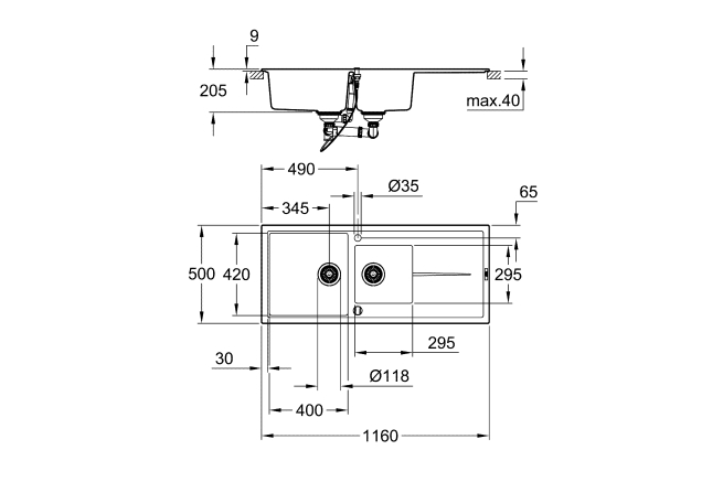 Мойка GROHE K400 с 1,5 чашей, черный гранит (31643AP0)