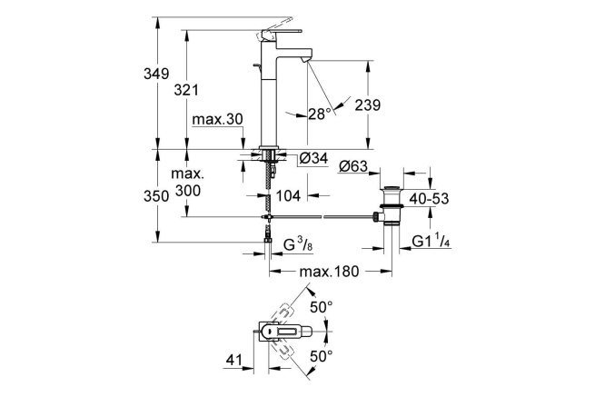 Смеситель для раковины GROHE Quadra с донным клапаном, свободностоящий, хром (32633000)