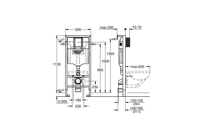 Система инсталляции для подвесного унитаза, GROHE Rapid SL, монтажная высота 1.13 м (38539001)