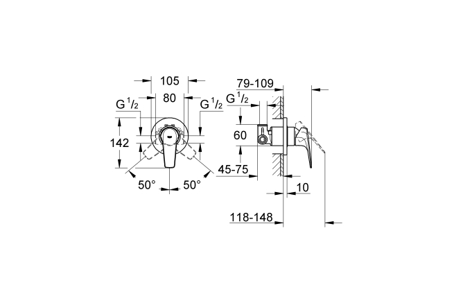 Смеситель для душа GROHE BauFlow скрытого монтажа, в комплекте с монтажной частью, хром (29046000)