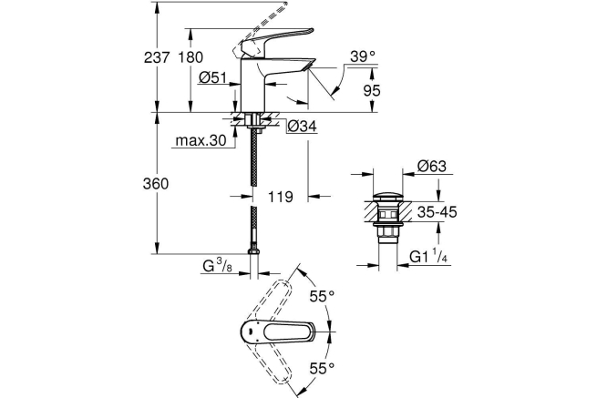 Смеситель для раковины GROHE Eurosmart, S-Size, хром (23980003)