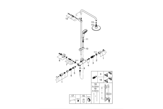 Душевая система с термостатом для настенного монтажа, GROHE Tempesta Cosmopolitan 160, хром, (27922000)