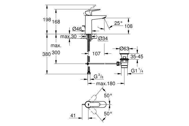 Смеситель для раковины GROHE BauEdge с донным клапаном, M-Size, хром (23758000)