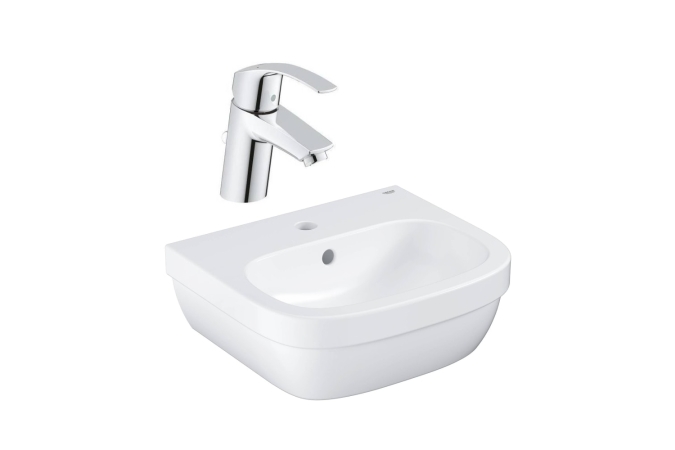 Набор для ванной комнаты: Смеситель для раковины GROHE Eurosmart New с донным клапаном и мини-раковина GROHE Euro Ceramic 45 см (NC0008)