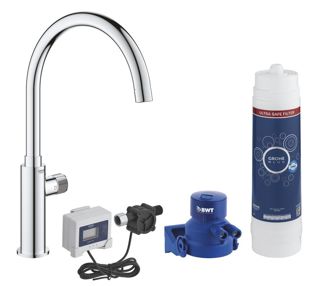 Кран для кухонной мойки GROHE Blue Pure Mono с функцией фильтрации, с фильтром в комплекте, хром (30388000)